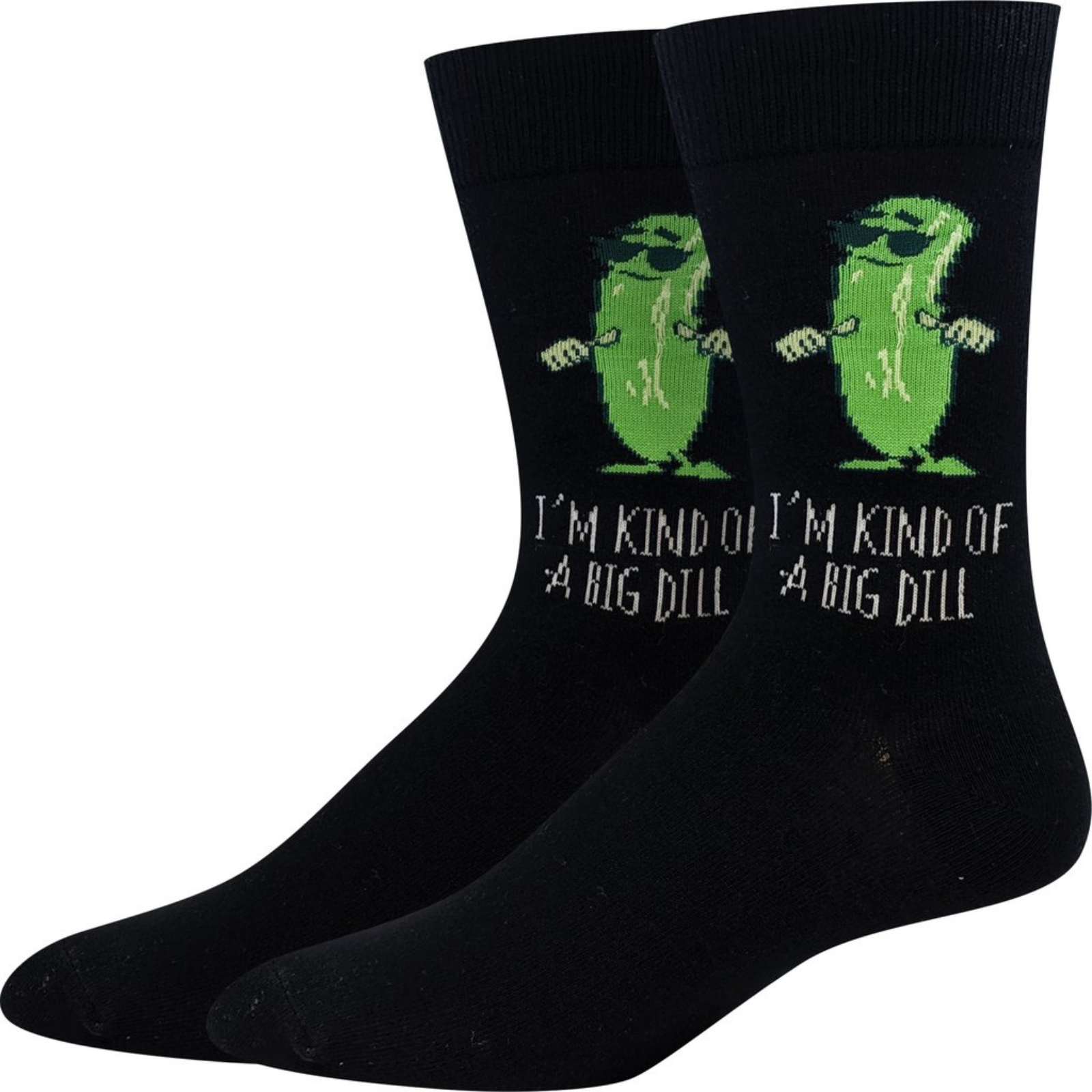 Sock Harbor men's black crew sock that says I'm Kind of a Big Dill with a picture of a pickle wearing sunglasses