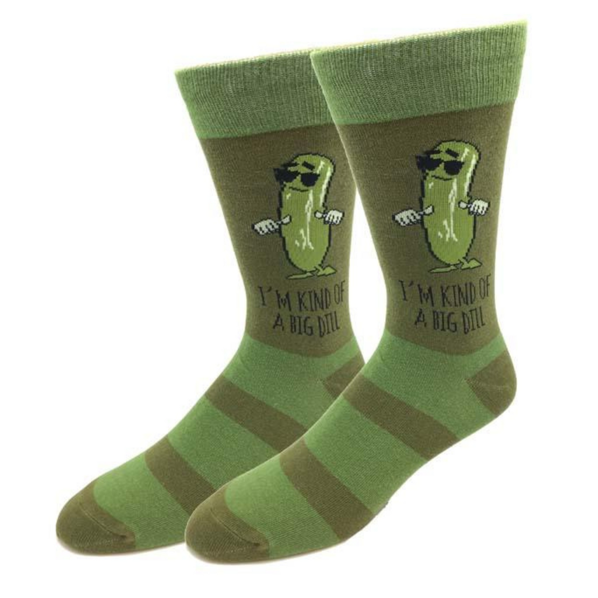 Sock Harbor men&#39;s green crew sock that says I&#39;m Kind of a Big Dill with a picture of a pickle wearing sunglasses