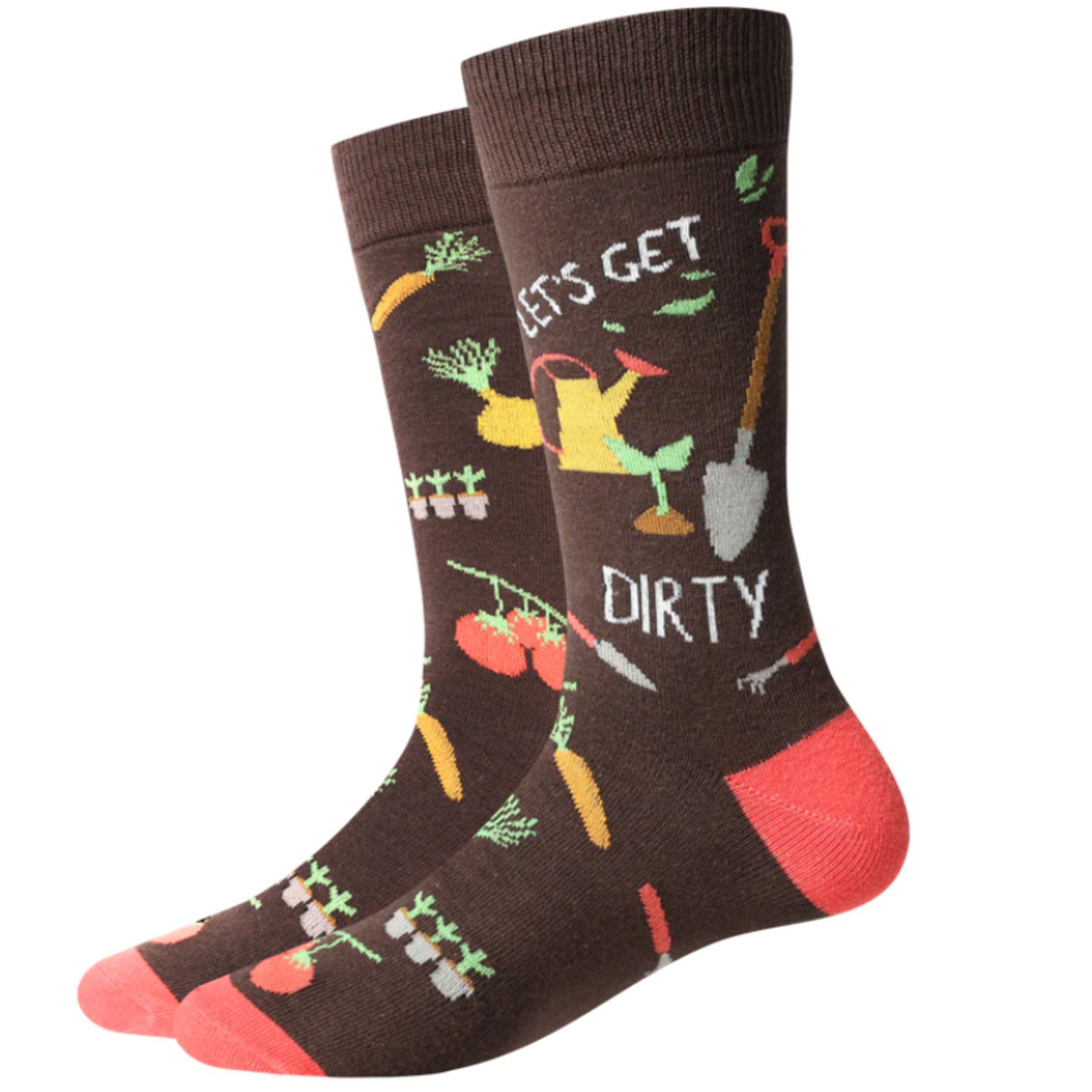 Sock Harbor men&#39;s sock that says Let&#39;s Get Dirty with pictures of plants and gardening tools