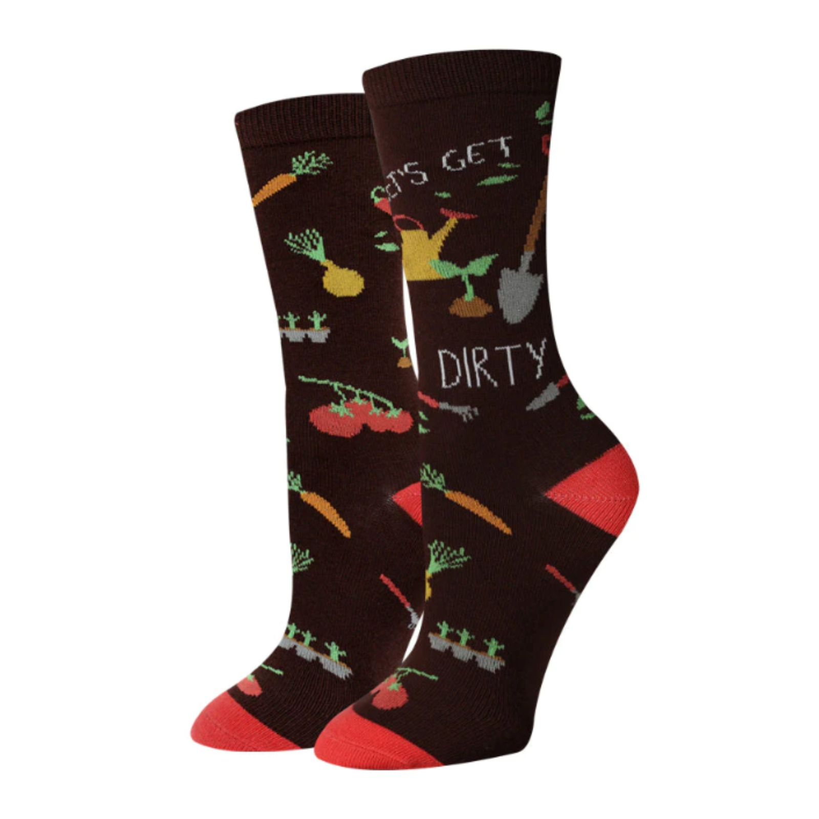 Sock Harbor women's sock that says Let's Get Dirty with pictures of plants and gardening tools
