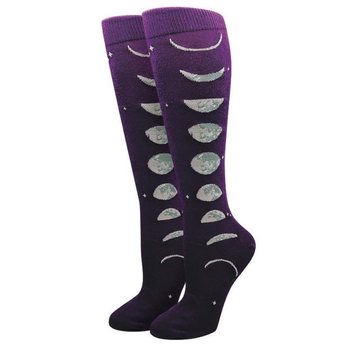 Sock Harbor Moon Pattern purple knee high women&#39;s sock featuring the moon in its various phases along the length of the sock