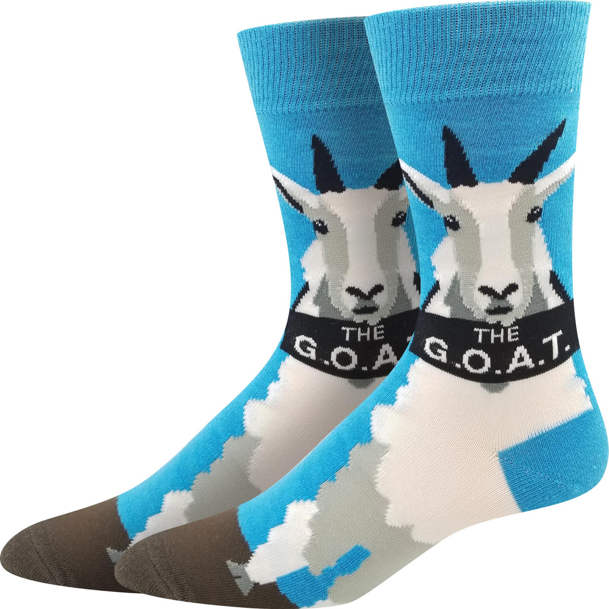 Sock Harbor Mountain G.O.A.T. men&#39;s sock featuring blue sock with white mountain goat and &quot;The G.O.A.T.&quot; written on it shown on display feet