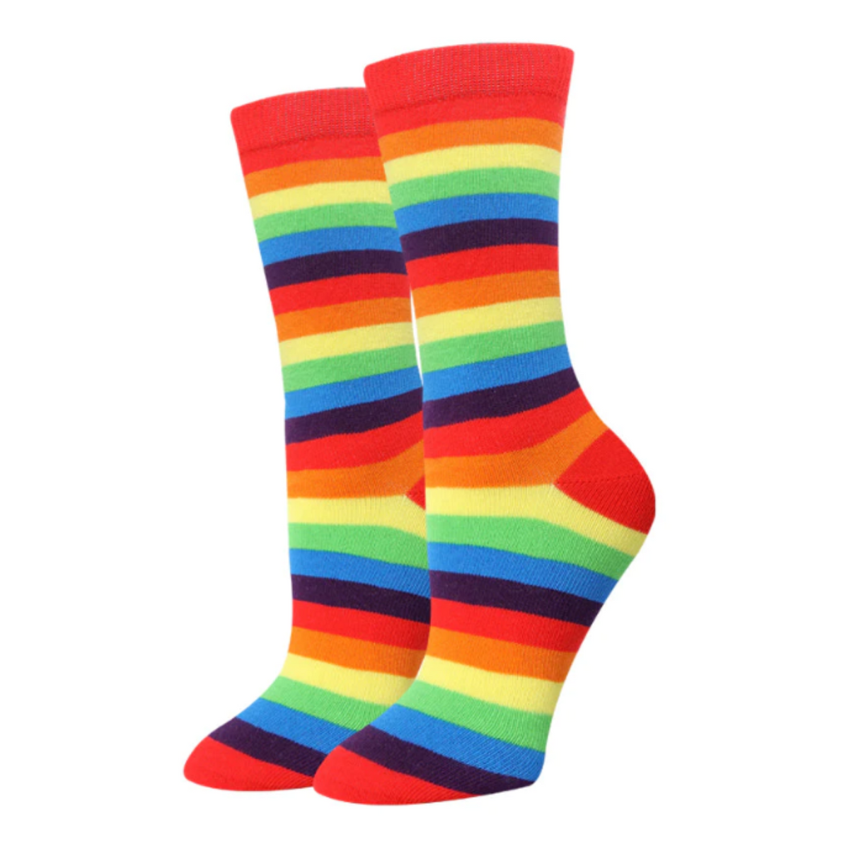 Sock Harbor Rainbow Stripe crew height women&#39;s sock featuring red cuff, toe, and heel 
