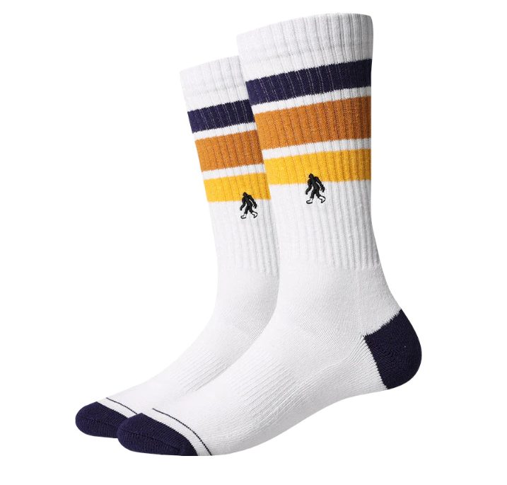 Sock Harbor Retro Stripes Active men&#39;s sock with blue, brown, and yellow stripes. 