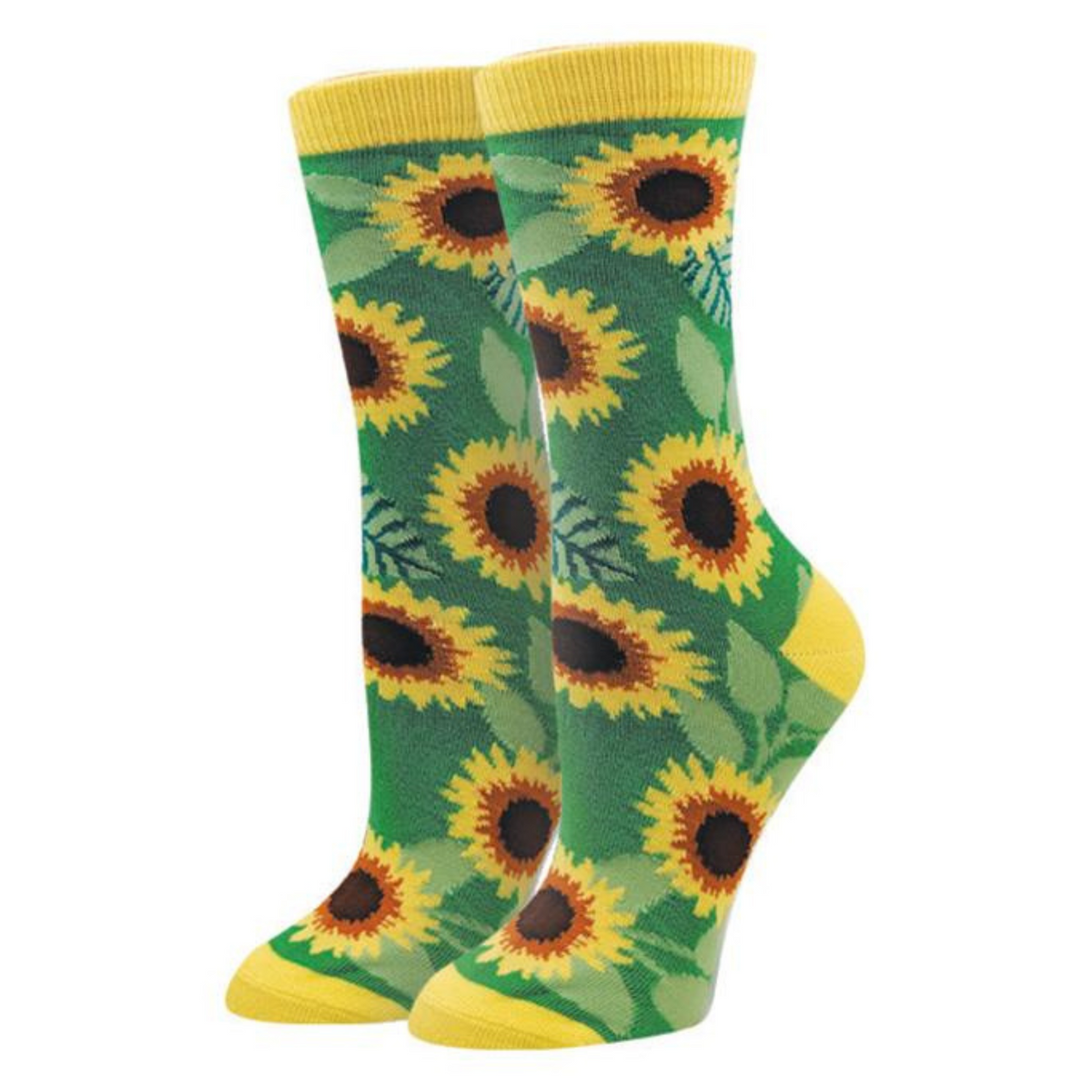 Sock Harbor Sunflowers women&#39;s sock featuring green background with yellow sunflowers all over