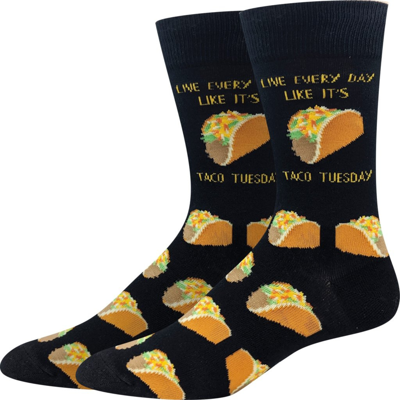 Sock Harbor black men's sock that says Live Everyday Like It's Taco Tuesday with images of tacos
