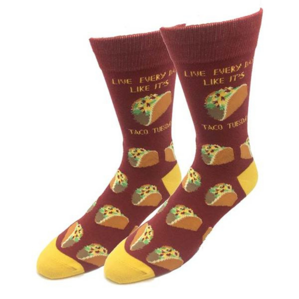 Sock Harbor red men&#39;s sock that says Live Everyday Like It&#39;s Taco Tuesday with images of tacos