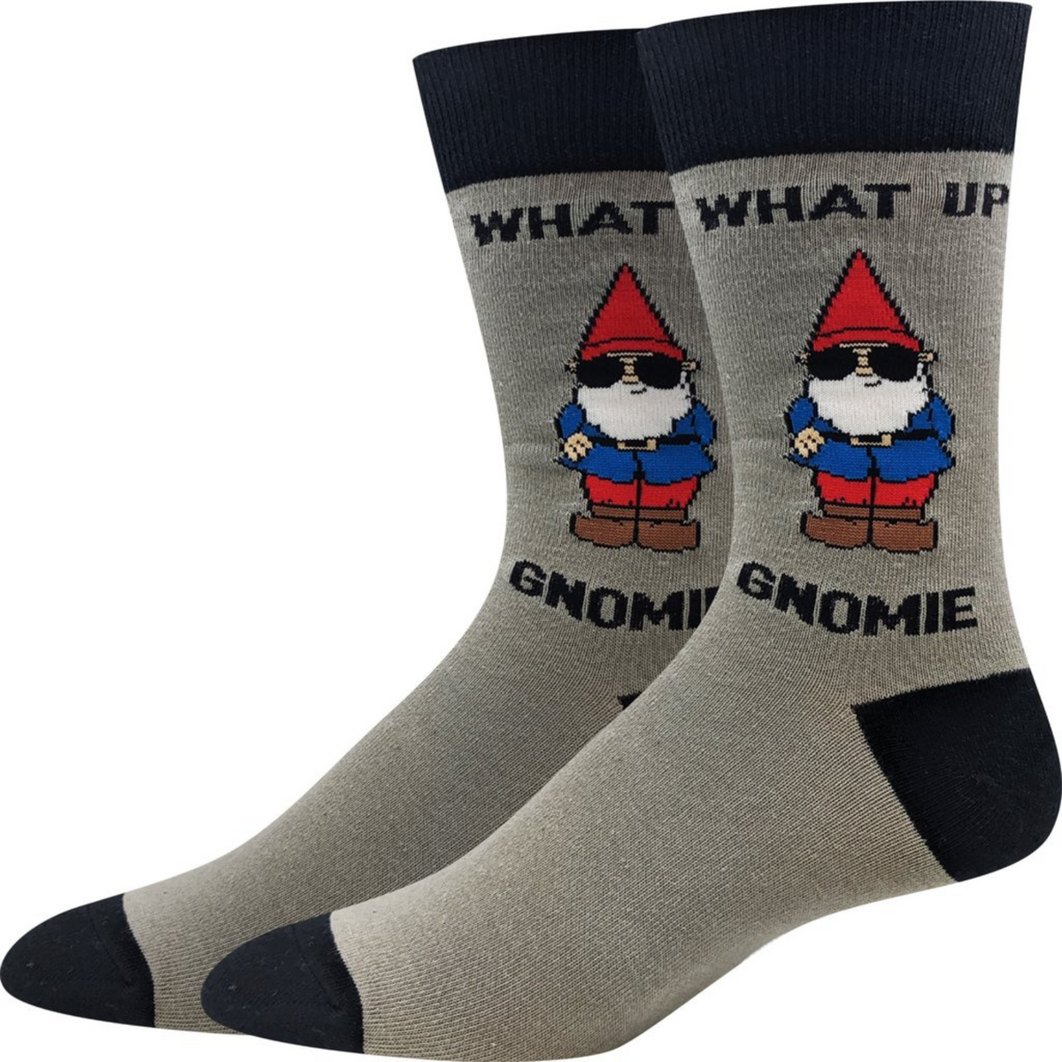 Sock Harbor What Up Gnomie men&#39;s sock in gray featuring gray sock with black toe, cuff and heel with Gnome wearing sunglasses