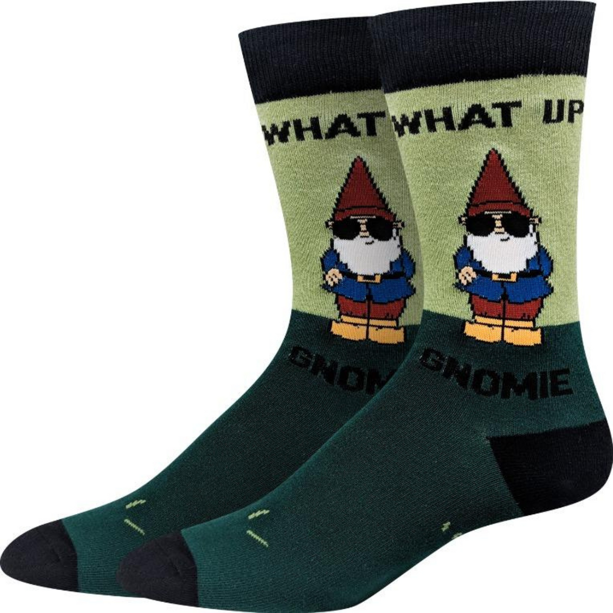 Sock Harbor What Up Gnomie men&#39;s sock in gray featuring green sock with black toe, cuff and heel with Gnome wearing sunglasses