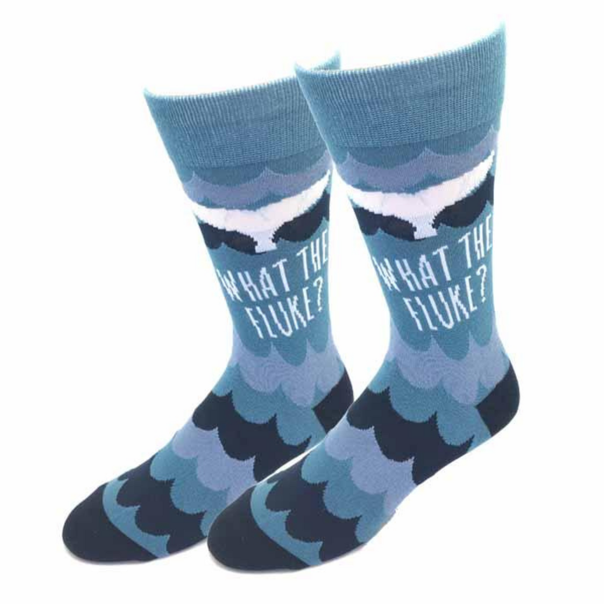Sock Harbor What the Fluke? men&#39;s sock featuring blue sock with wave pattern and whale tale with &quot;What the Fluke?&quot;
