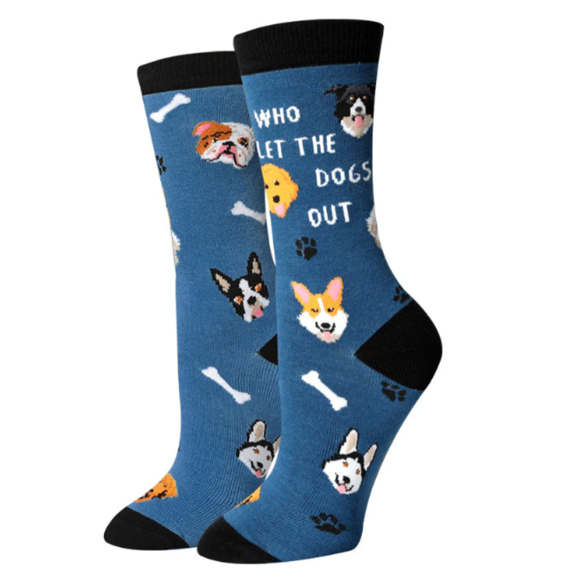 Sock Harbor blue women&#39;s crew sock that says Who Let the Dogs Out? with pictures of dogs, paw prints, and bones