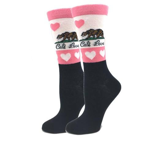 Sock Harbor women&#39;s crew sock with Cali Love and CA bear with pink hearts