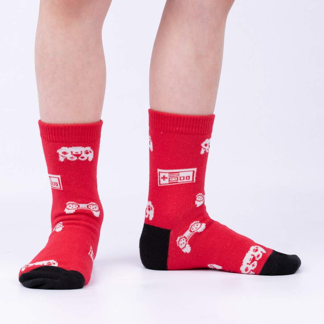 Sock It To Me red child crew sock with video game controllers