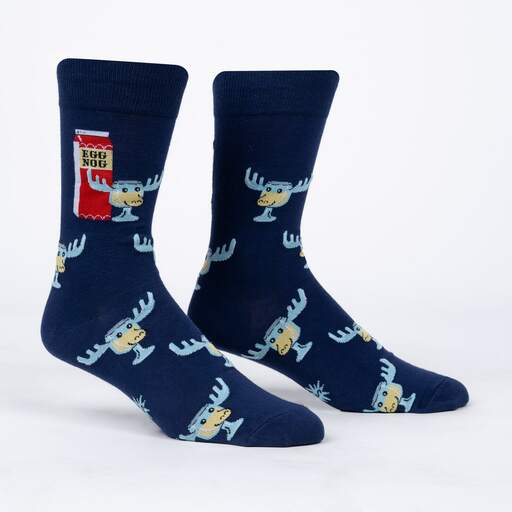 Sock It To Me Hey Kids! Look! A Moose! men&#39;s crew sock featuring blue sock with Egg Nog and glass with moose antlers. Socks shown on display feet. 