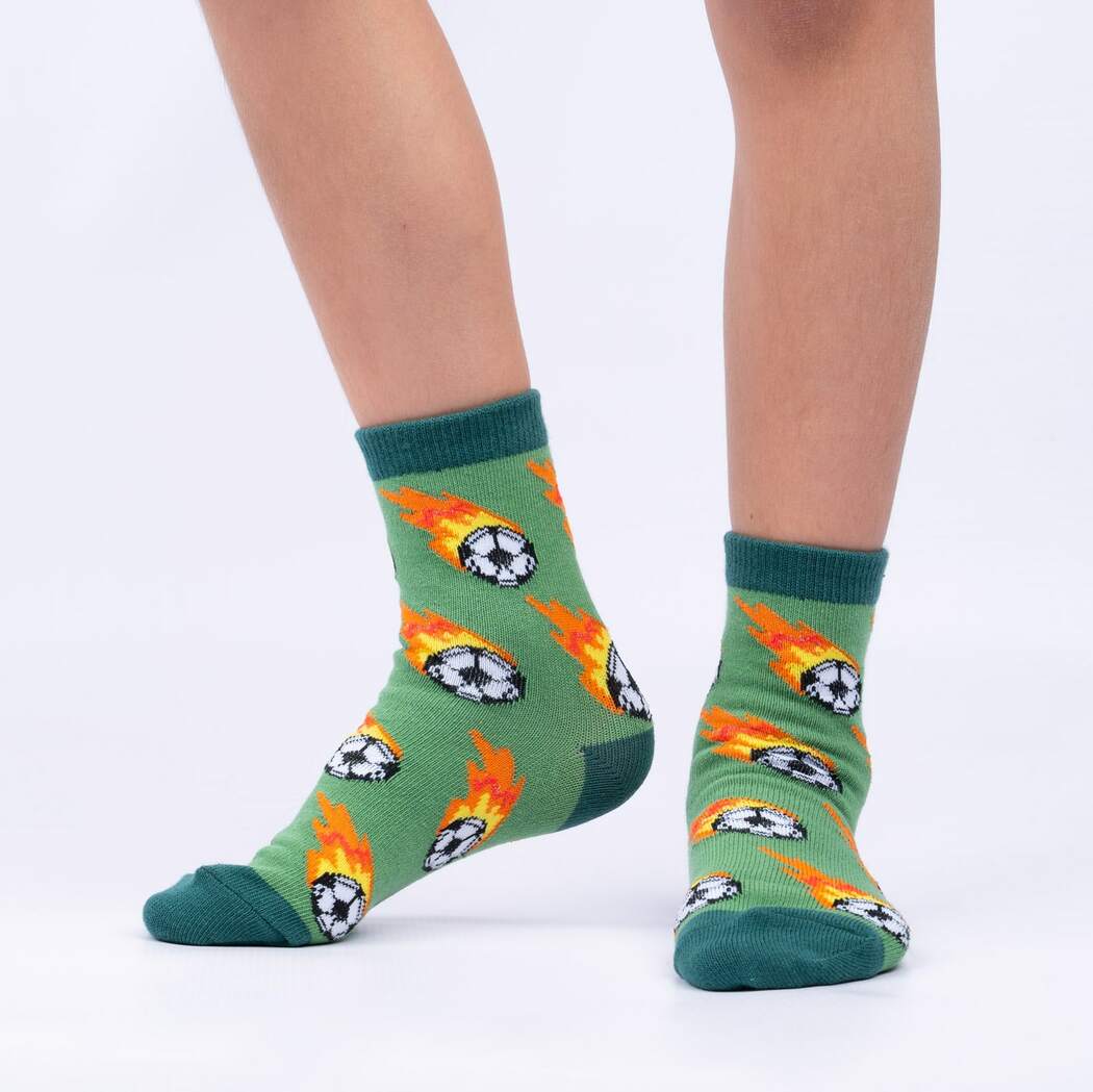 Sock It To Me Let&#39;s Kick It 3-pack kids&#39; socks Soccer Balls with Flames on model
