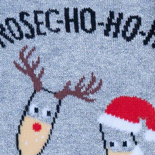 Detail of Sock It To Me Prosec-Ho-Ho-Ho women&#39;s crew sock featuring shimmery silver socks with glasses of Prosecco dressed in Christmas outfits and &quot;Prosec-Ho-Ho-Ho&quot;. 