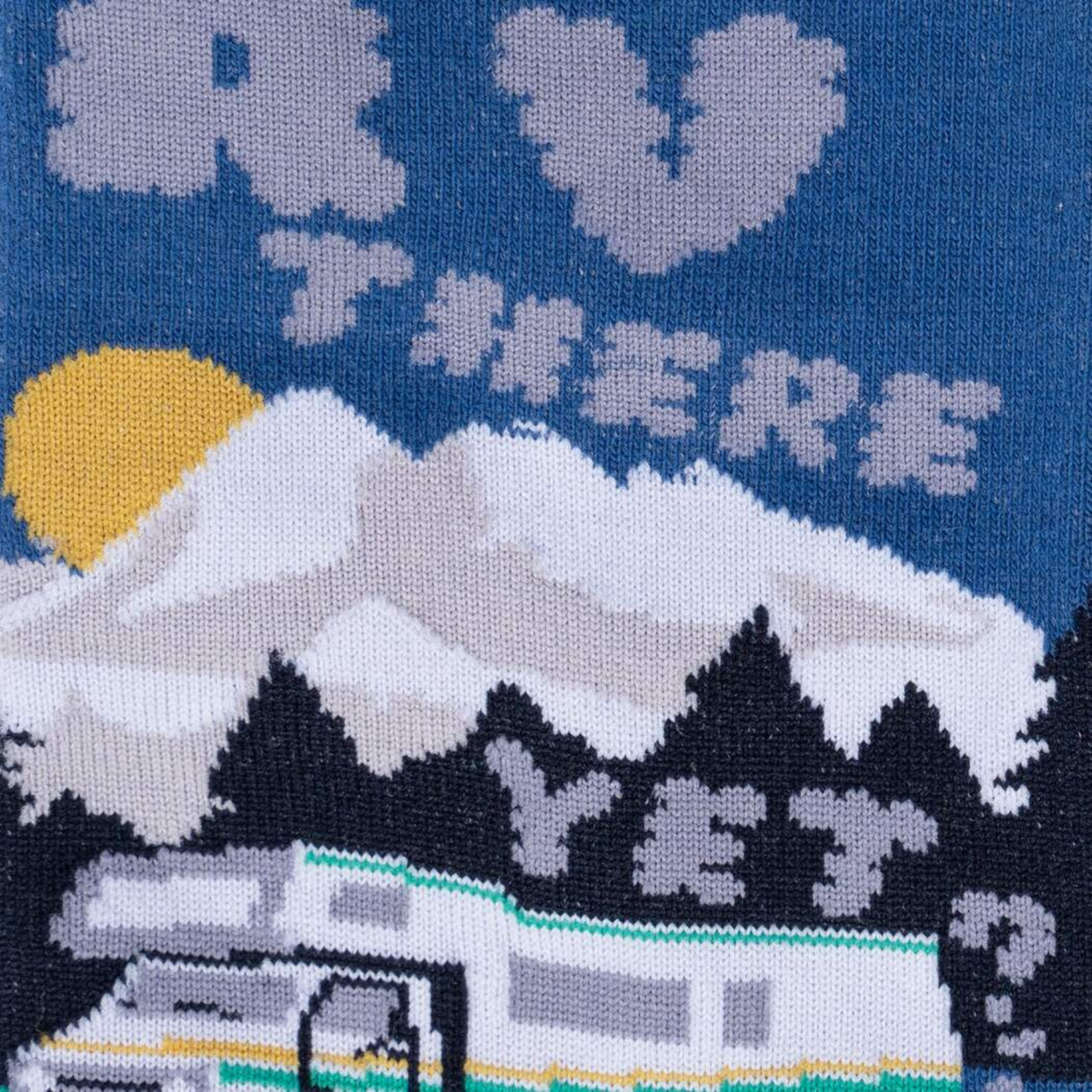 Sock It To Me RV There Yet men&#39;s sock detail showing blue sock with &quot;RV There Yet&quot; and white RV