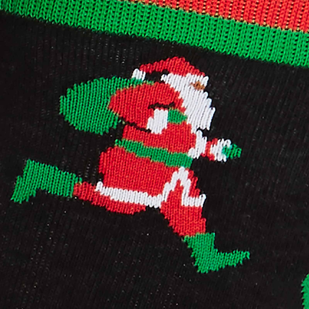 Detail of Sock It To Me Santa Run men&#39;s crew sock featuring black sock with various Santa Clauses running. 