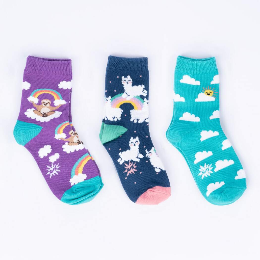 Sock It To Me Sloth, Llama, and Clouds child 3-pack of sock