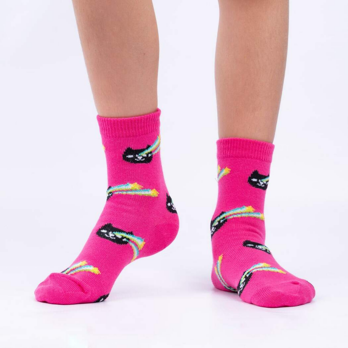 Sock It To Me Space Cats 3-pack kids&#39; socks pink sock with black cats on model