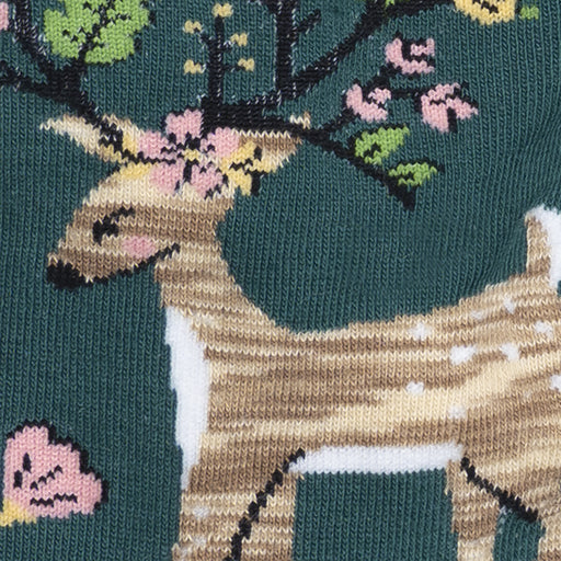 Detail of Sock It To Me Spring Awakening women&#39;s crew sock. Featuring green sock with deer and spring flowers. 