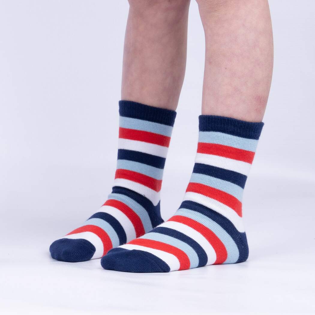 Child pair of red, white, and blue stripe Sock It To Me socks