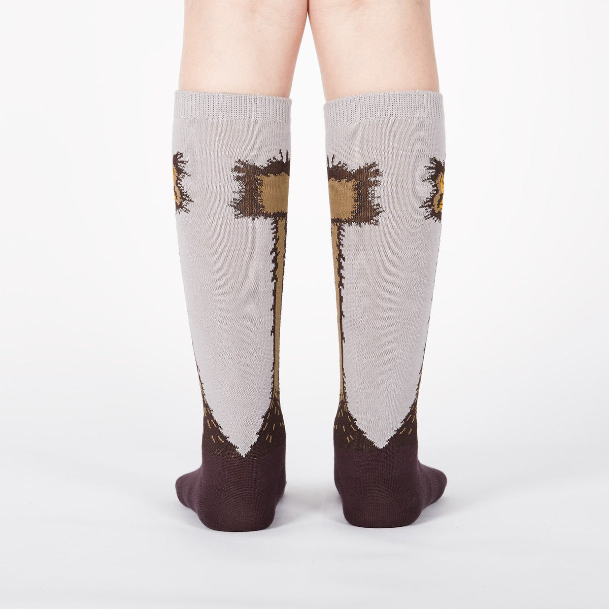 Sock It To Me Ostrich women&#39;s and extra-stretchy knee high socks featuring gray and brown socks with ostrich and its long neck the length of the sock. Socks shown on model from behind. 