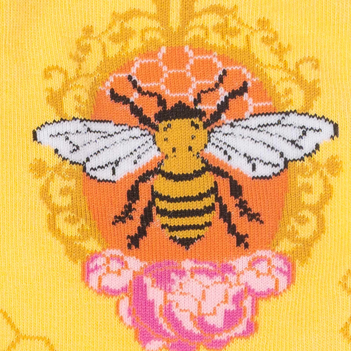 Detail of Sock It To Me Queen Bee women&#39;s crew sock featuring yellow sock with large queen bee.