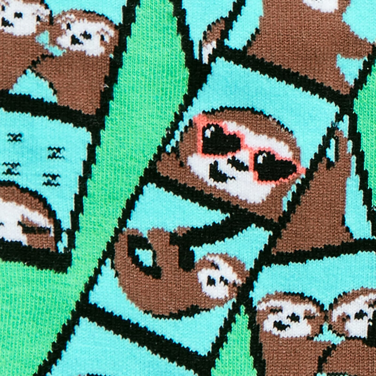 Detail of Sock It To Me Oh Snap! women&#39;s crew sock. Featuring green sock with photo booth images of sloths all over. 