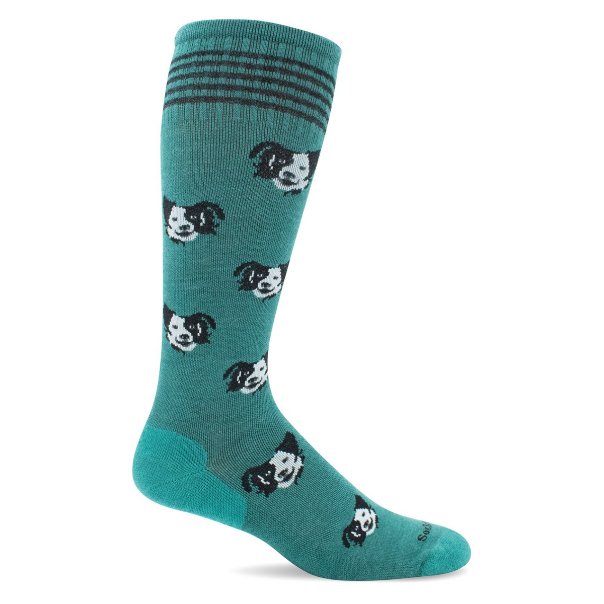 Sockwell Canine Cuddle moderate graduated compression (15-20 mmHg) women&#39;s sock featuring green knee high with dog faces