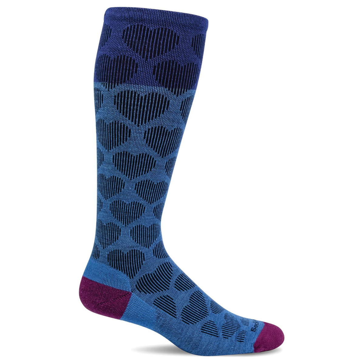 Sockwell Heart Throb moderate graduated compression (15-20 mmHg) women&#39;s knee high blue colored sock featuring hearts all over