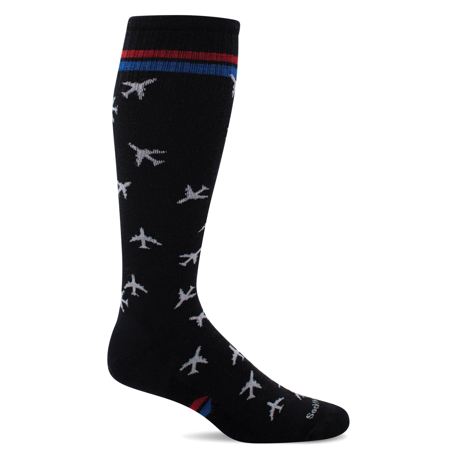 Sockwell In Flight moderate graduated compression (15-20 mmHg) men's black knee high socks featuring airplanes all over
