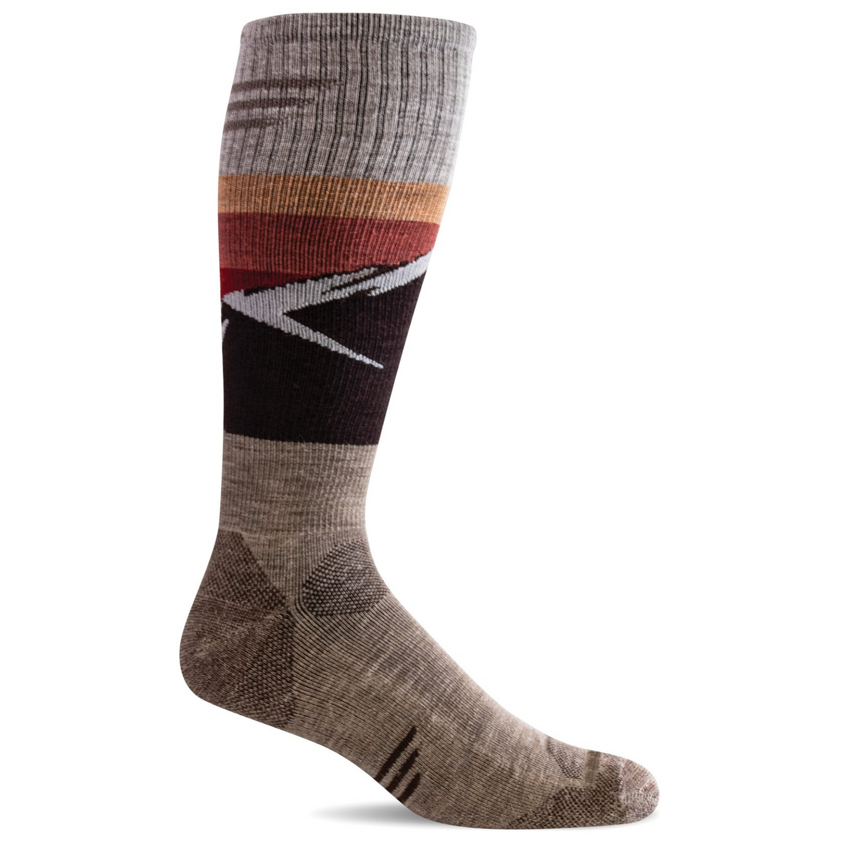 Sockwell Modern Mountain OTC moderate graduated compression (15-20 mmHg) brown knee high men&#39;s sock featuring mountain image