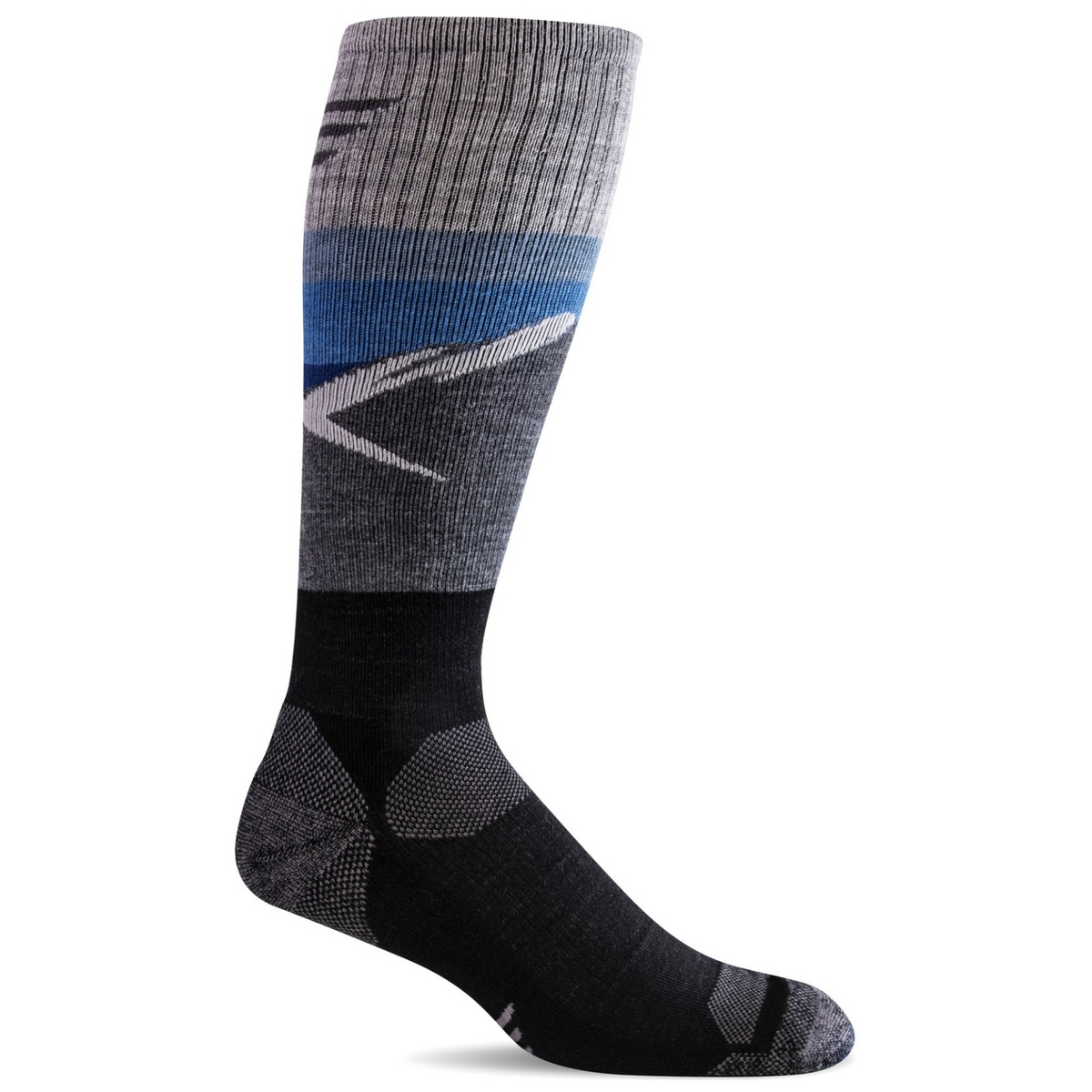 Sockwell Modern Mountain OTC moderate graduated compression (15-20 mmHg) gray blue and black knee high men&#39;s sock featuring mountain image