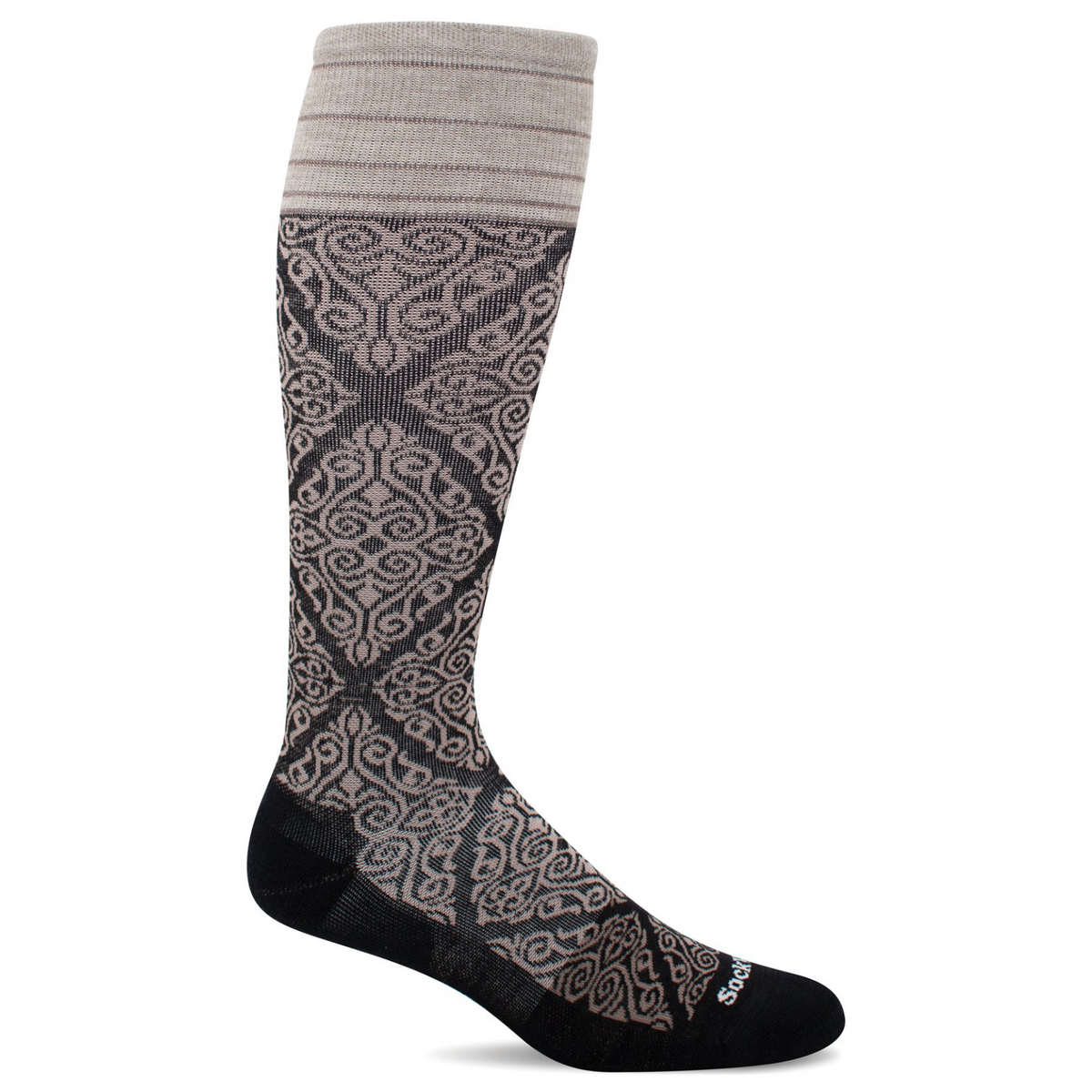 Sockwell The Raj firm graduated compression (20-30 mmHG) women&#39;s brown and black knee high sock featuring scroll pattern