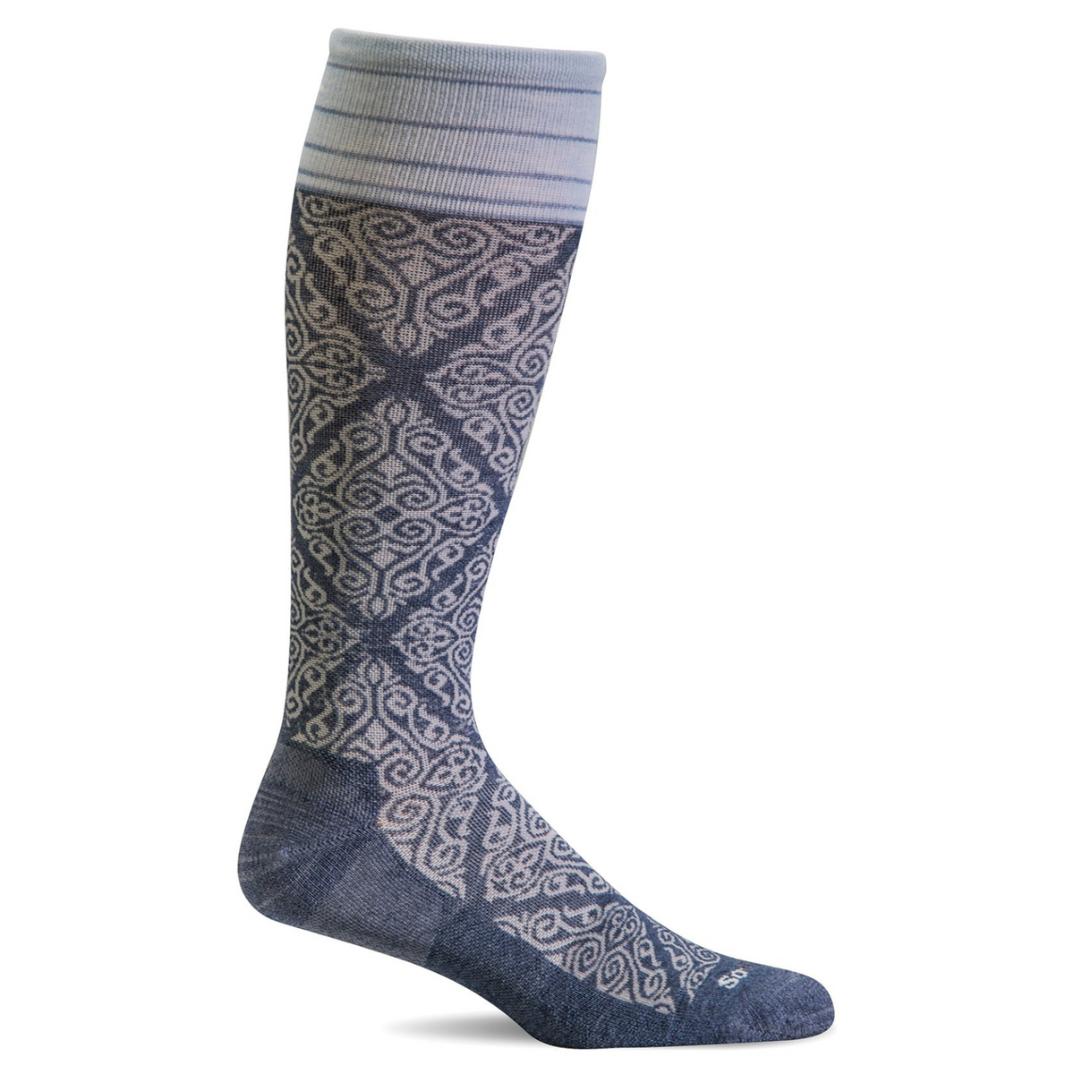 Sockwell The Raj firm graduated compression (20-30 mmHG) women&#39;s blue knee high sock featuring scroll pattern