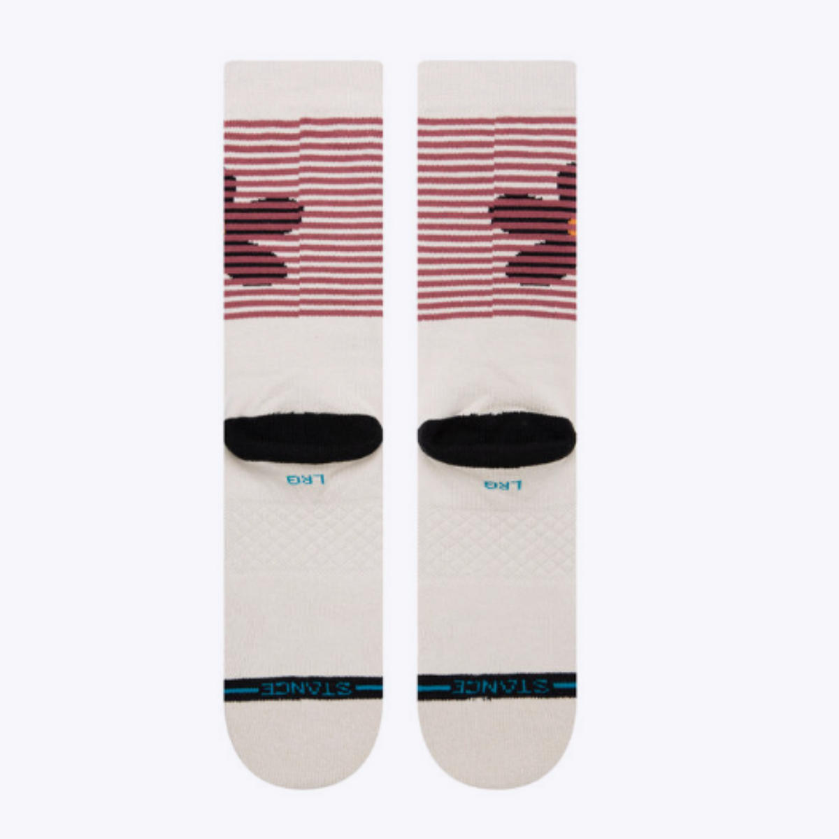 Back of Stance Blinds women&#39;s sock featuring beige socks with plum stripes at top covering a black flower