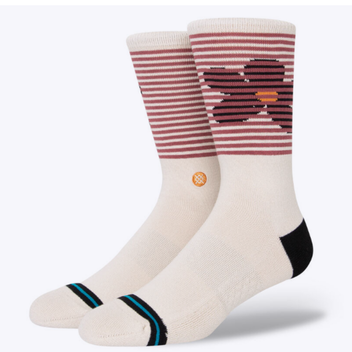 Stance Blinds women&#39;s sock featuring beige socks with plum stripes at top covering a black flower