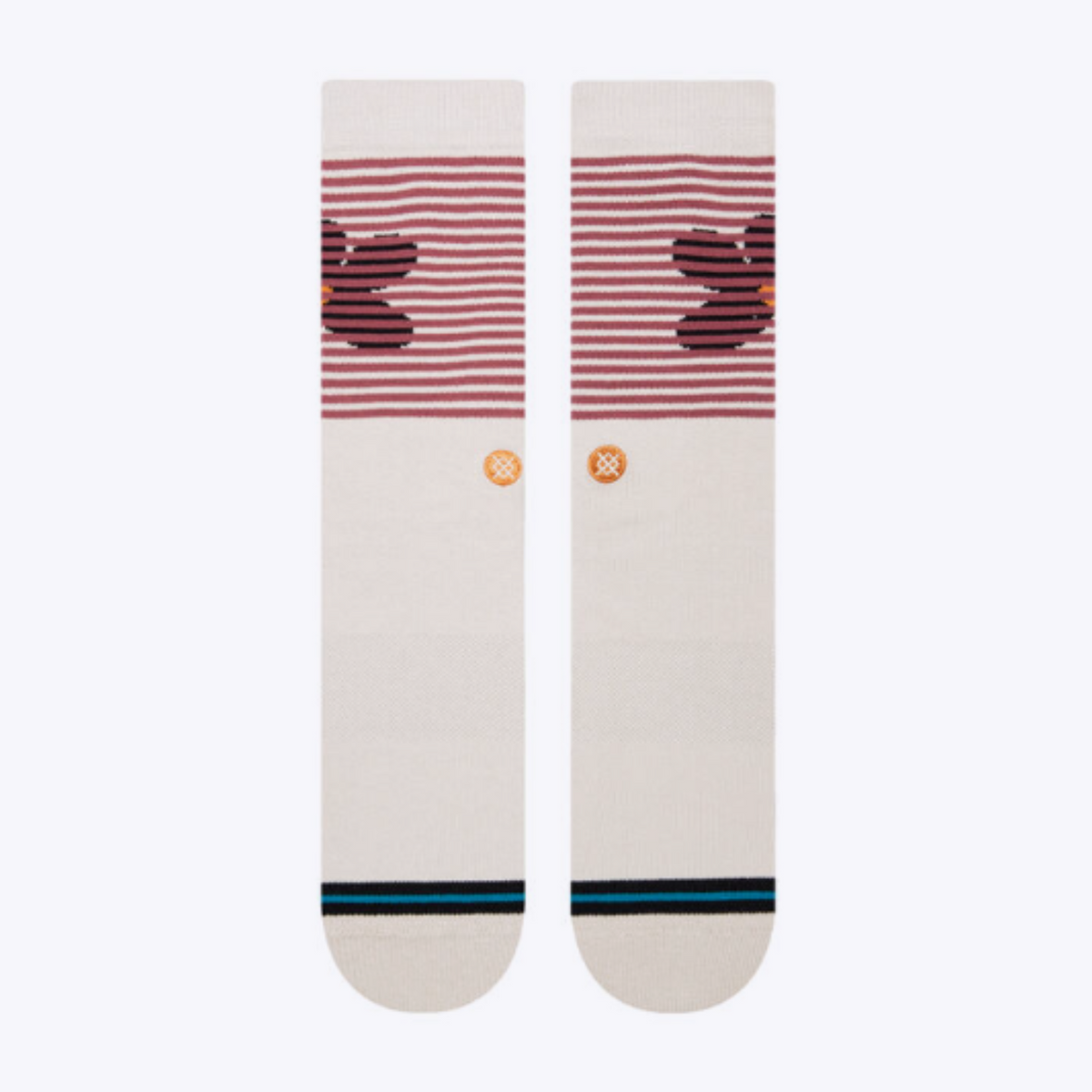 Front of Stance Blinds women&#39;s sock featuring beige socks with plum stripes at top covering a black flower
