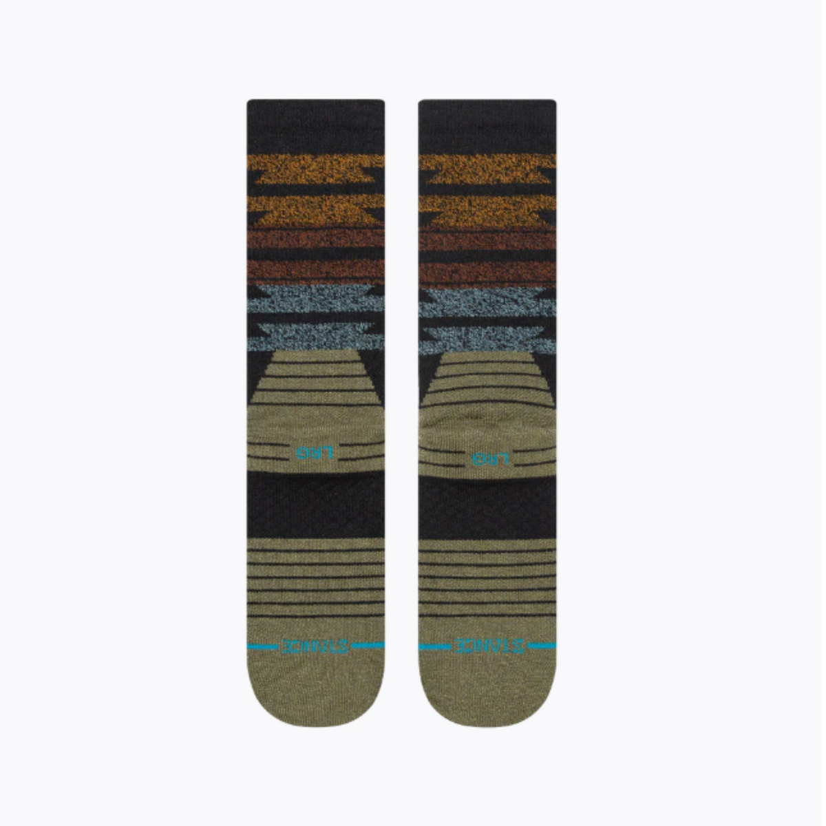 Back of Stance Blanket Statement Hike Merino Wool Crew men&#39;s sock featuring black sock with southwest pattern on top in brown and gray