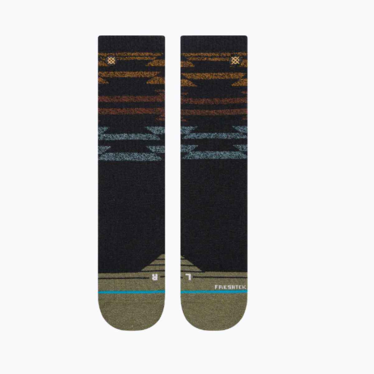 Front of Stance Blanket Statement Hike Merino Wool Crew men&#39;s sock featuring black sock with southwest pattern on top in brown and gray
