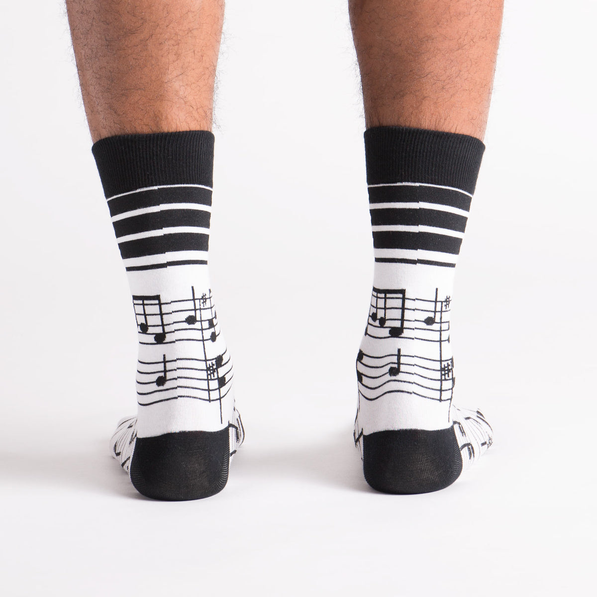 Sock it to Me Foot Notes men&#39;s crew high sock featuring white sock with black musical notes all over on model from back