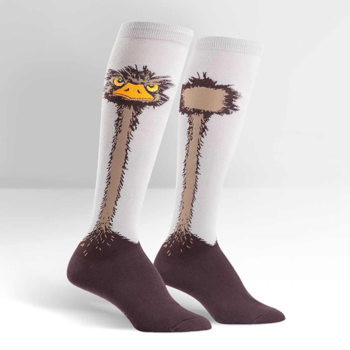 Sock It To Me Ostrich women&#39;s and extra-stretchy knee high socks featuring gray and brown socks with ostrich and its long neck the length of the sock. Socks shown on display feet. 